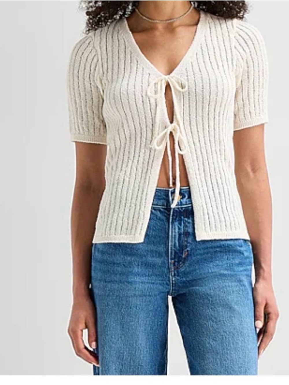 Cream Ribbed Short-Sleeve Women's Sweater